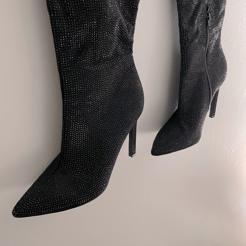 Nine West Black Sparkle Heeled Knee-High Boots - Picture 2 of 7